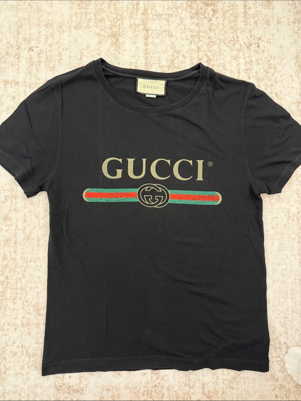 Gucci Black Short-Sleeve Tee with Gold Logo and Green-Red Stripe